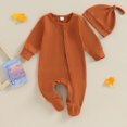 thumbnail image 2 of MeetoTime Baby Boys Girls Solid Color Round Neck Long Sleeves Leg Wraps Jumpsuit Newborn Infant Rompers Hat Two-piece Set, 2 of 3