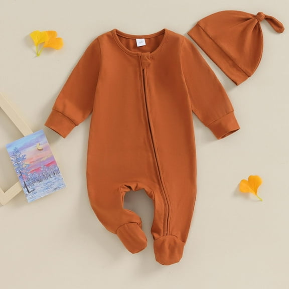 Baby Girl Clothes Fall Winter Outfits Ruffles Romper with Hat Long Sleeve Bodysuit One Piece Jumpsuit Brown 3-6 Months