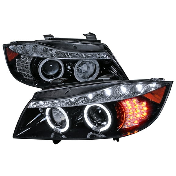 Sedan Dual Halo Projector Headlights w/ LED Light Strip & LED Turn Signal Lights (Black Housing/Smoke Lens) Made for and Compatible with 2006-2008 BMW E90 3 Series
