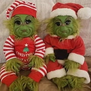 Grinch Doll, Hairy Grinch Baby with Santa Costume Christmas Stuffed Plush Toy Handmade Lifelike Realistic Cartoon Doll Christmas Furry Cute Doll Toy Home Decorations Xmas Gifts for Kids (A)