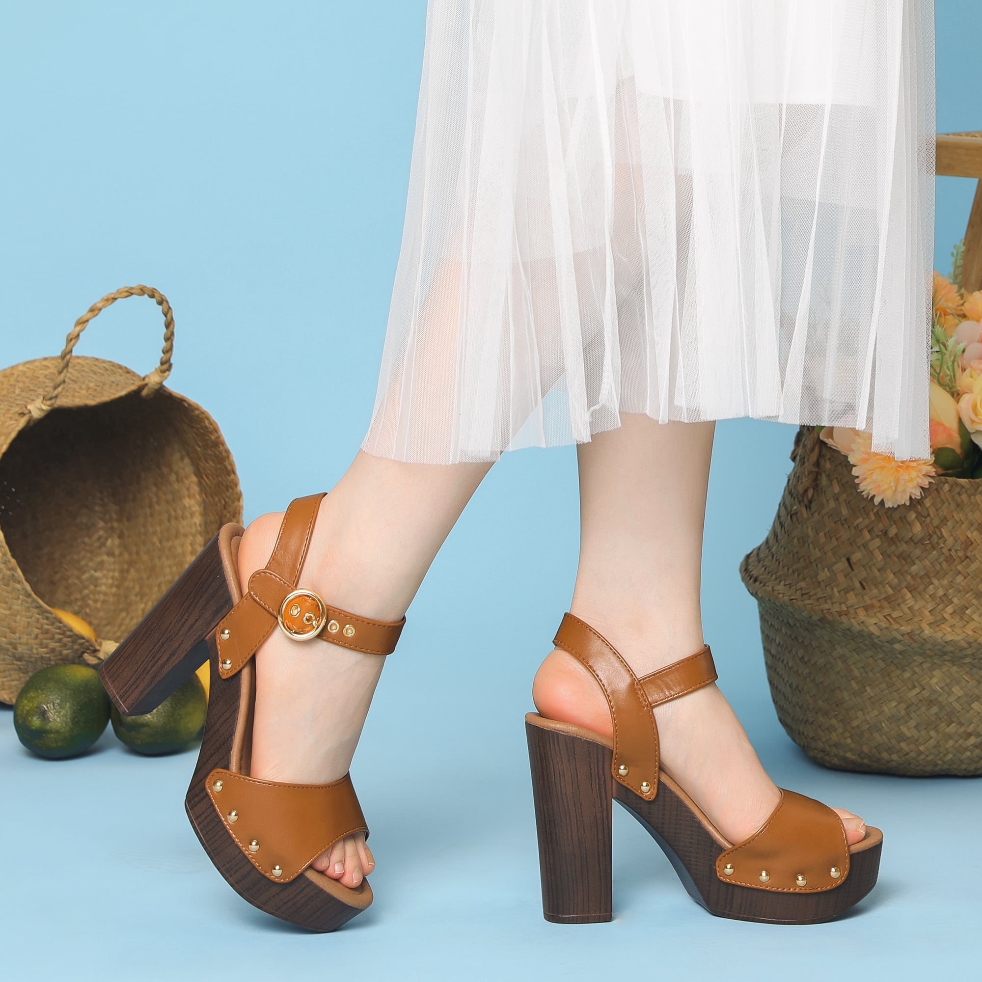 Unique Bargains Platform Buckle Ankle Strap Chunky High Heels Sandals for Women Brown 7