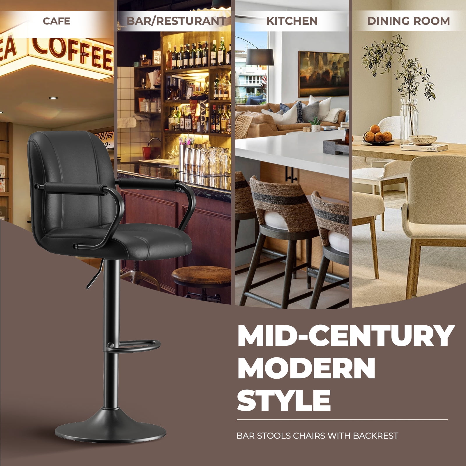 AFO Modern PU Leather Bar Stool with Backrest and Armrests, Height Adjustable 360° Swivel Counter Chair, Black
