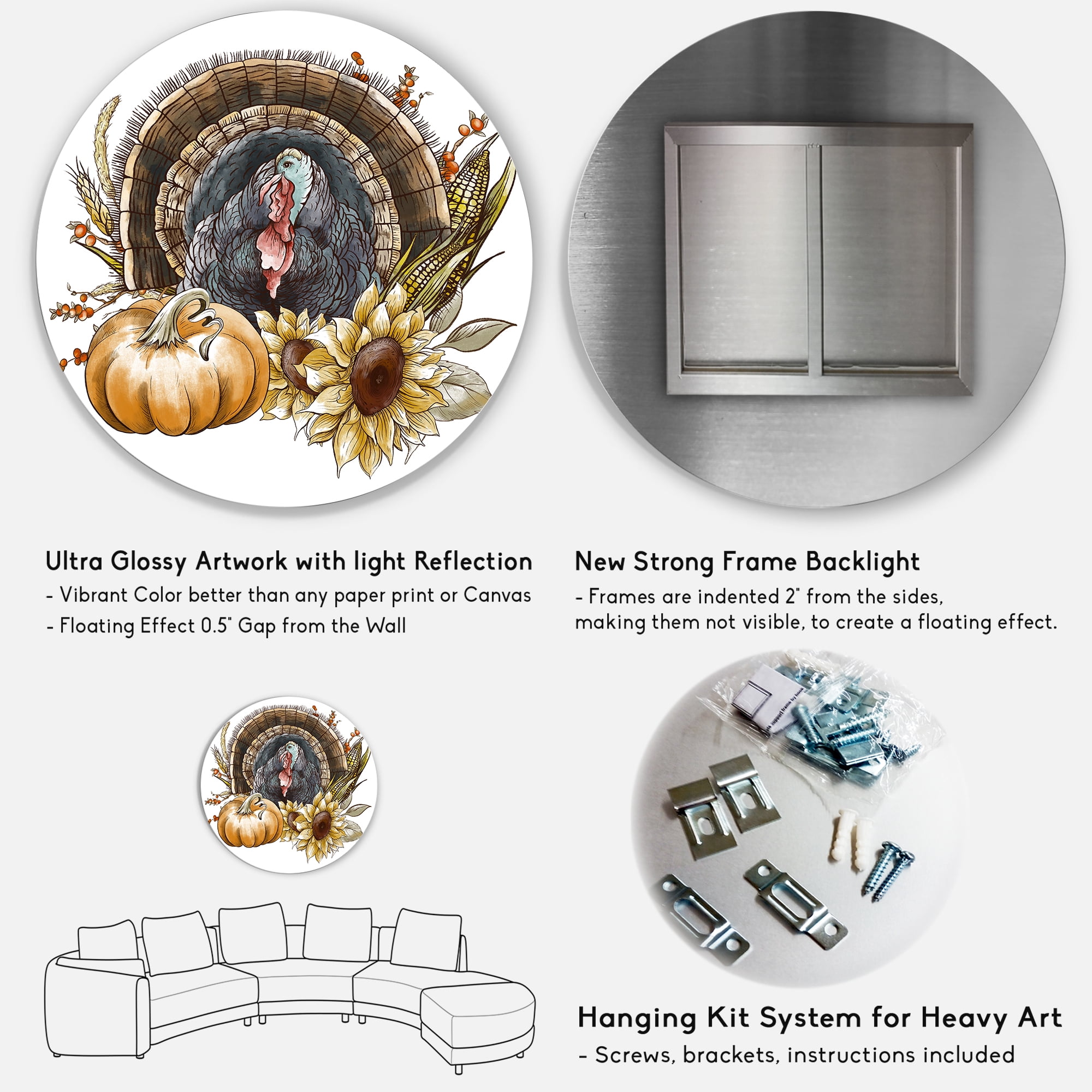 Designart 'Thanksgiving Vintage Turkey Pumpkin and Sunflowers ' Farmhouse Circle Metal Wall Art 36x36 - Disc of 36
