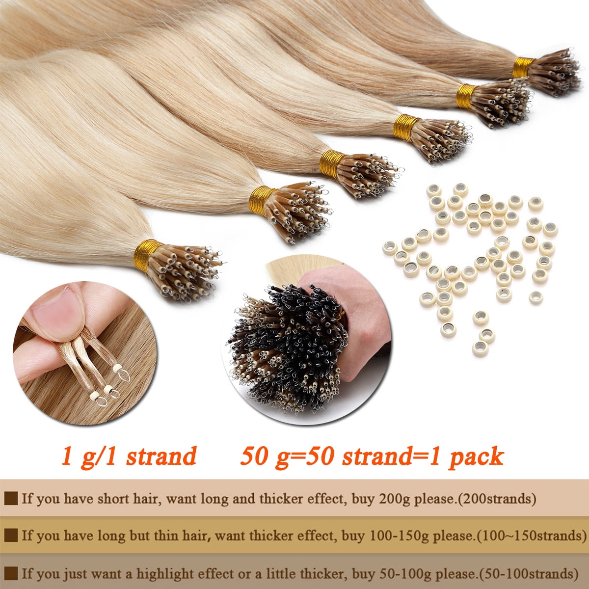SEGO Nano Micro Bead Ring Human Hair Extension Pre Bonded Nano Tip Remy Hair Extensions Loop Hand Hairpiece