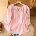 thumbnail image 2 of Cmfcve Tops for Women 2026 Cotton Linen T Shirts Retro Plus Size 3/4 Sleeve V Neck Embroidered Blouse, 2 of 6