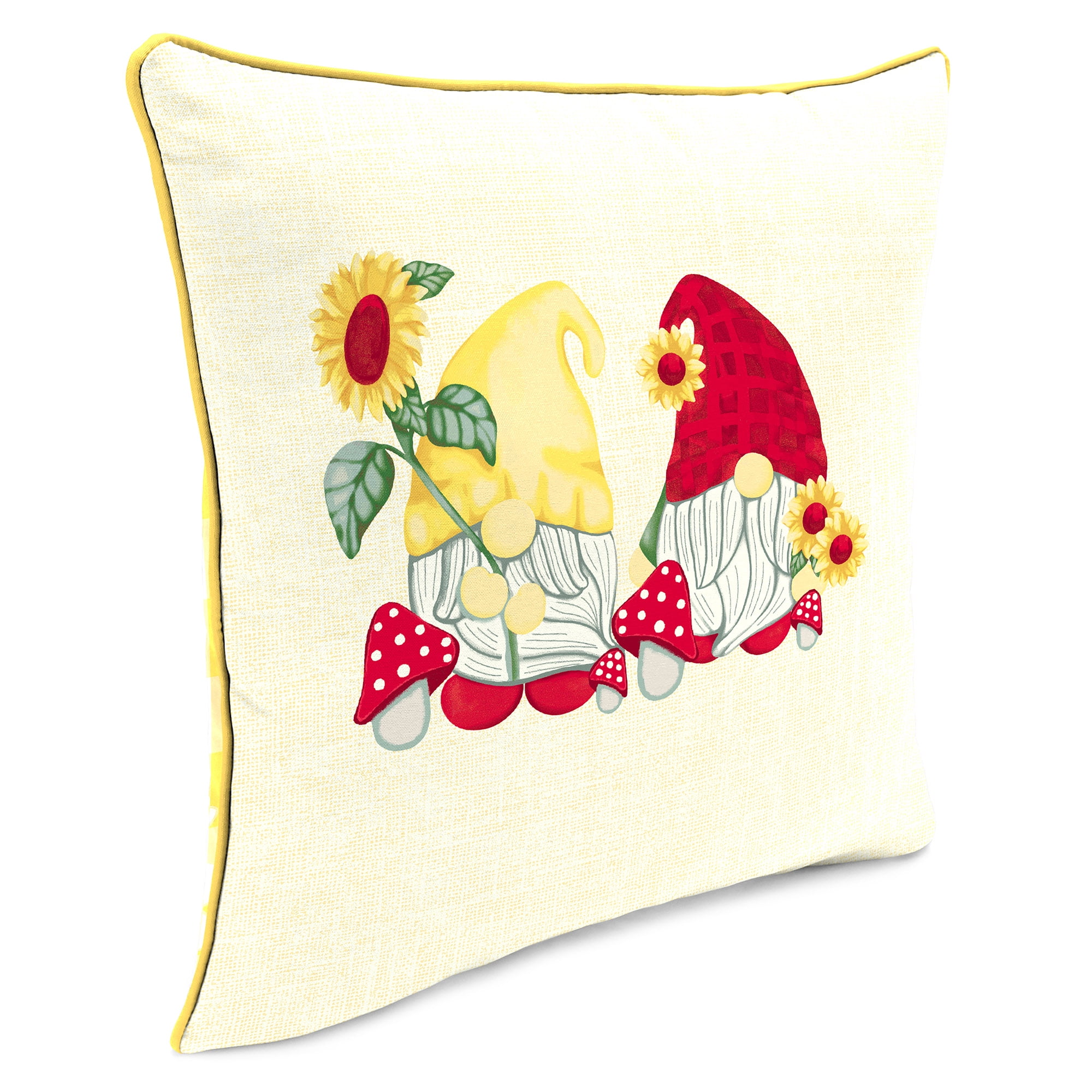 Jordan Manufacturing 16" x 16" Gnome Daisies Red and Yellow Novelty and Floral Reversible Square Outdoor Throw Pillow