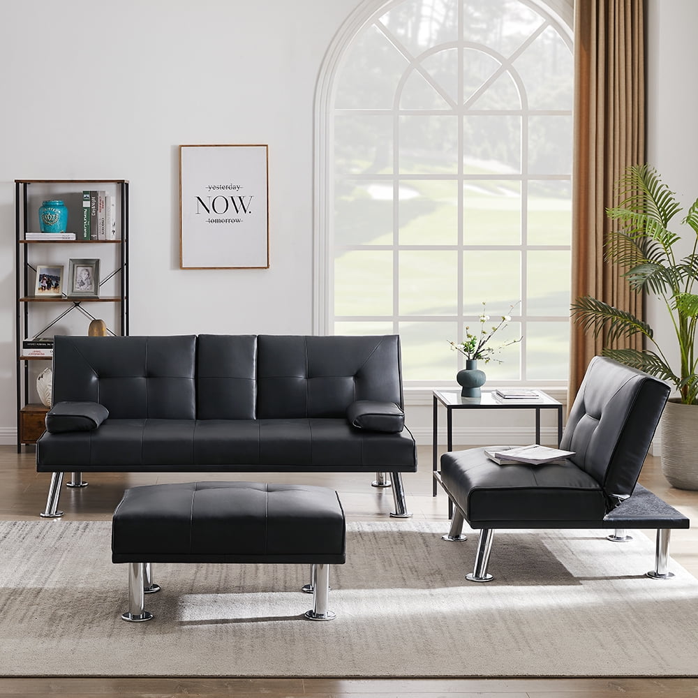 Lowestbest Futon Sofa Bed, Modern Leather Couch Convertible Folding Sofabed with Ottoman, 3 Pcs for 1 Sets, Black Lowestbest Futon Sofa Bed, Modern Leather Couch Convertible Folding Sofabed with Ottoman, 3 Pcs for 1 Sets, Black