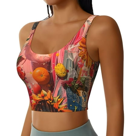 Picia Vibrant Floral Collage Portrait Sports Bra for Women Padded Strappy Sports Bras Medium Support Yoga Bra with Removable Cups Running Yoga Bra-XX-Large