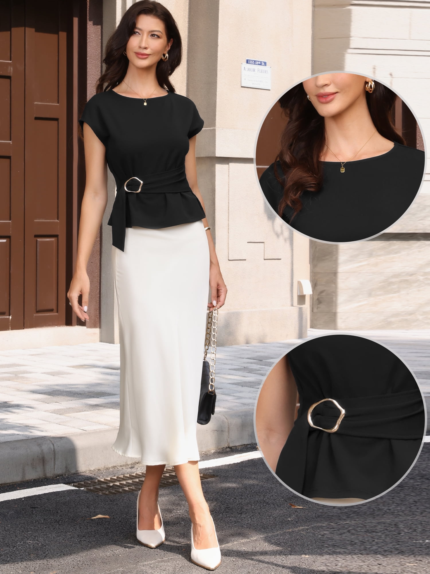 DARING DIVA Women's Cap Sleeve Crew Neck Buckle Tunic Business Top L Black