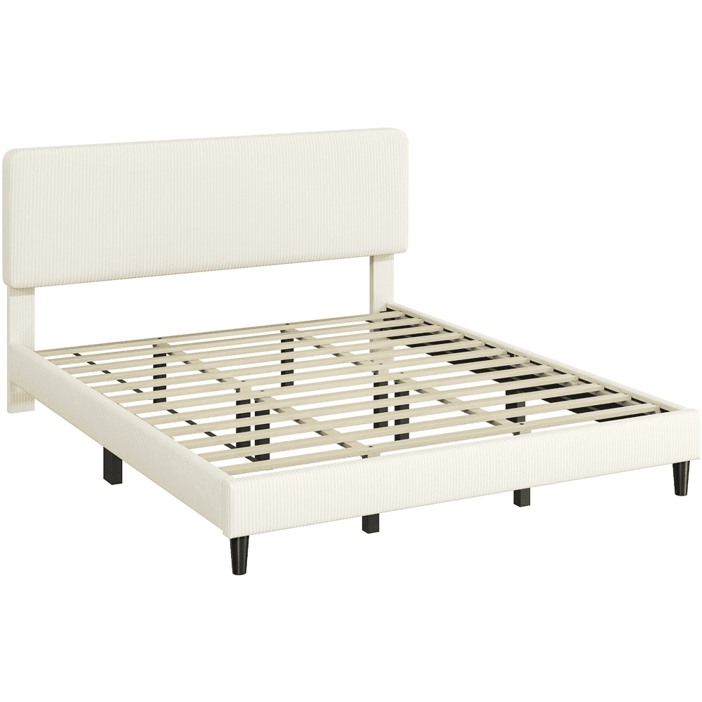 Renwick Upholstered Bed Frame with Wooden Slat Support, King, Beige