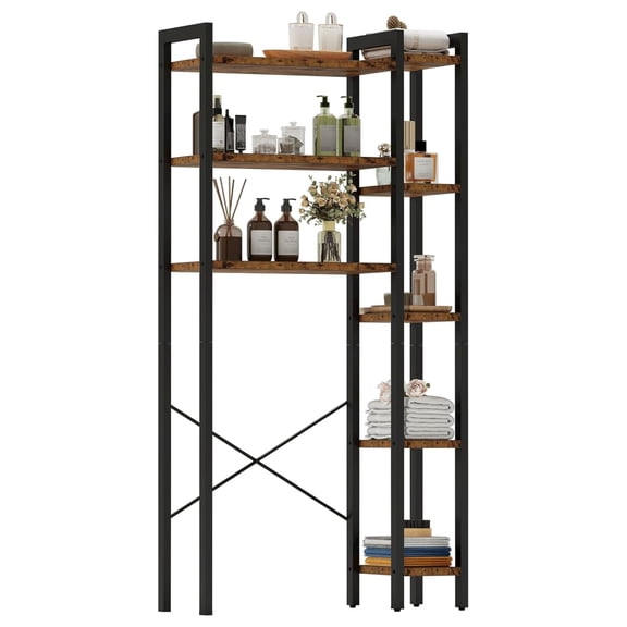 SONGMY Over The Toilet Storage with 8-Titer Shelf, Mass-Storage Side Storage Open Rack, Freestanding Bathroom Organizer Space Saver, for Bathroom, Restroom, Laundry, Vintage Brown