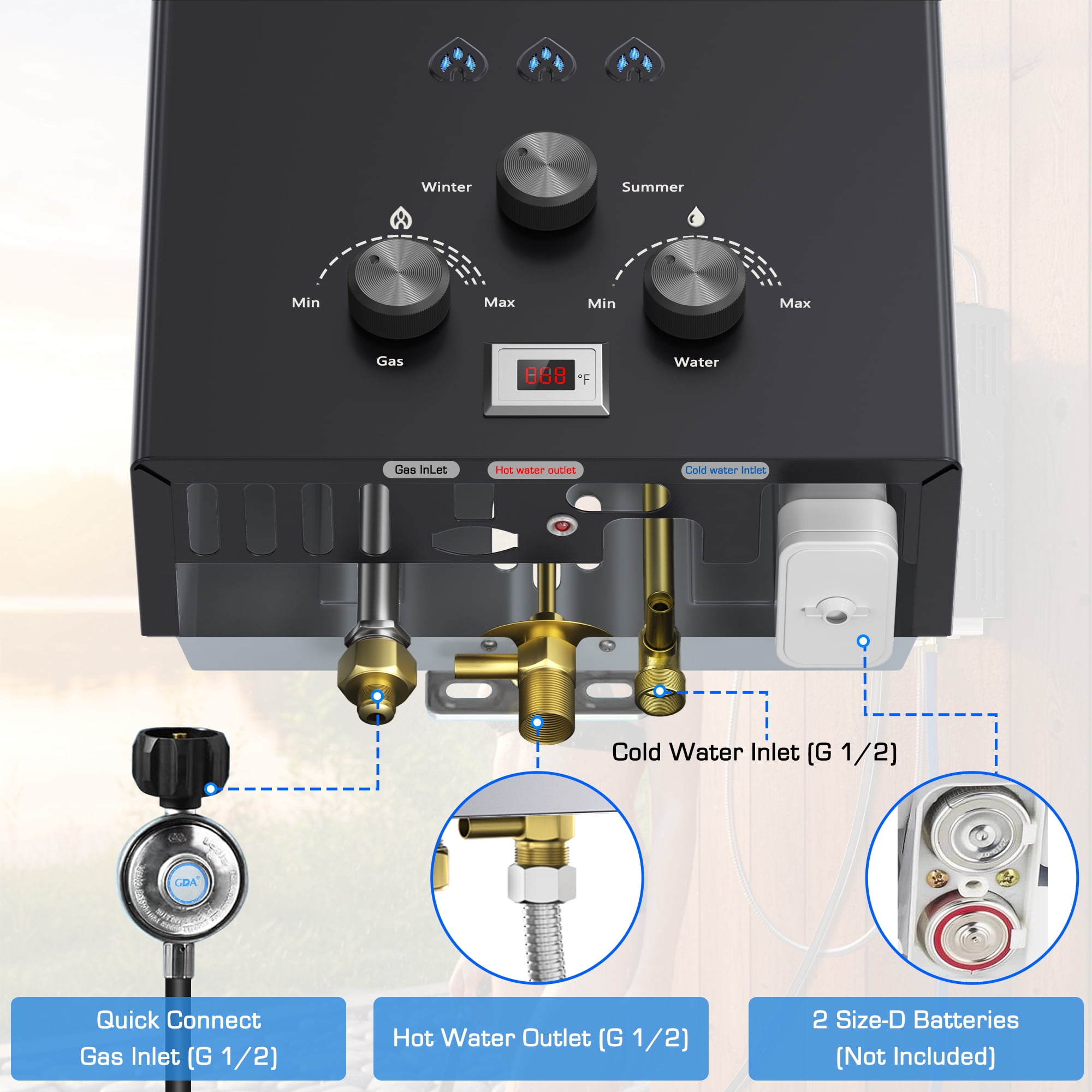 KOXKING 1.58 GPM Portable Propane Hot Tankless Water Heater 6L,With Handle & Overheating Protection, Outdoor Instant Hot Shower for Camping & RV