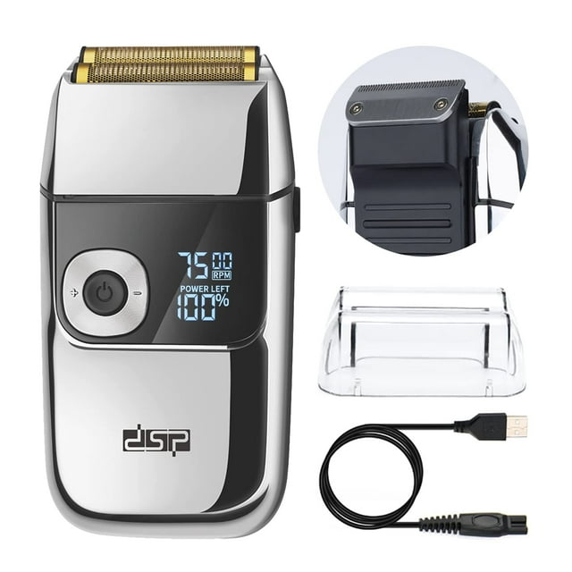 Maquinilla de afeitar eléctrica DSP para hombre - Afeitadora 2 en 1 para barba con cabezal de láminas y recortadora de precisión - Recargable, 3 velocidades y pantalla digital LED (Plateada)