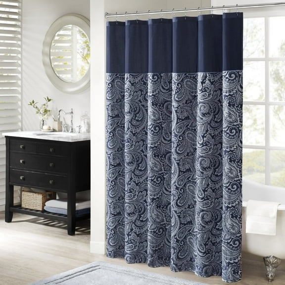 Madison Park Navy Shower Curtain, Traditional Jacquard Bath Curtain with 12 Button Holes, 72" x 72"