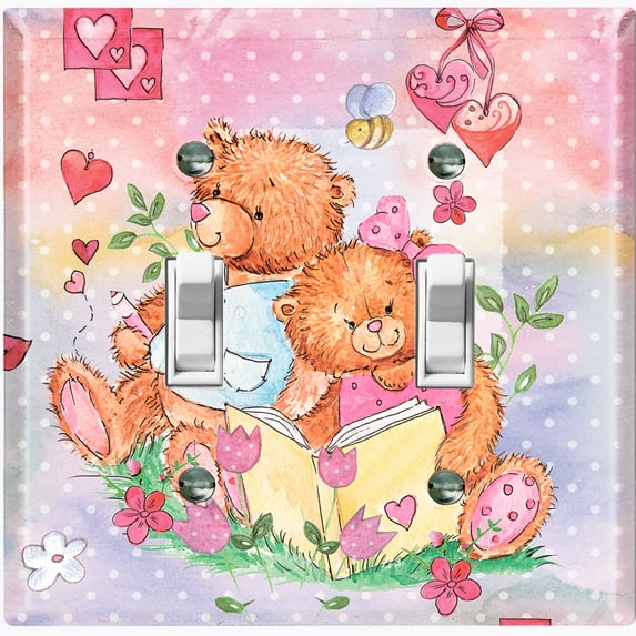 Metal Light Switch Wall Plate Outlet Cover (2 Teddy Bears Reading Flower Hearts Pink - Double Toggle)
