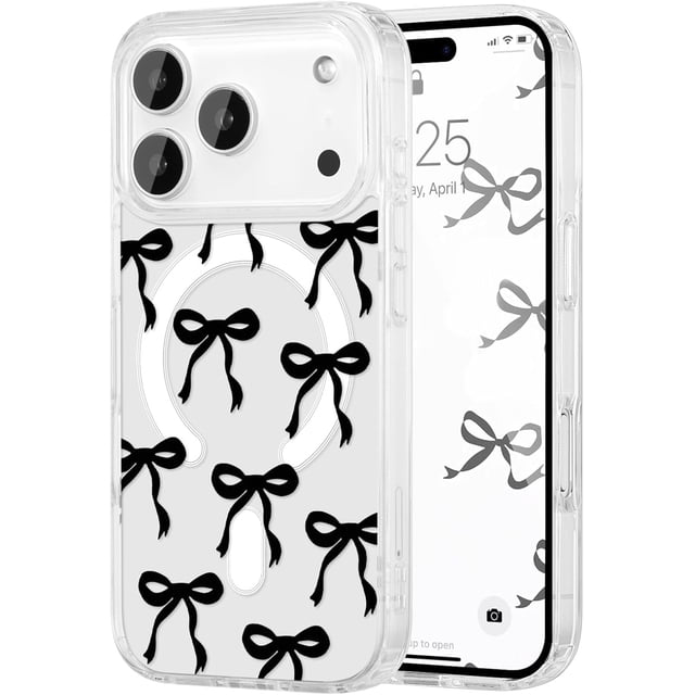 YWC-Magnetic for iPhone 17 Pro Case, Bow Case Compatible with MagSafe, Wireless Slim Clear Ribbon Aesthetic Phone Cover Anti-Yellowing Shockproof Protective Cover for Women Girl - Black