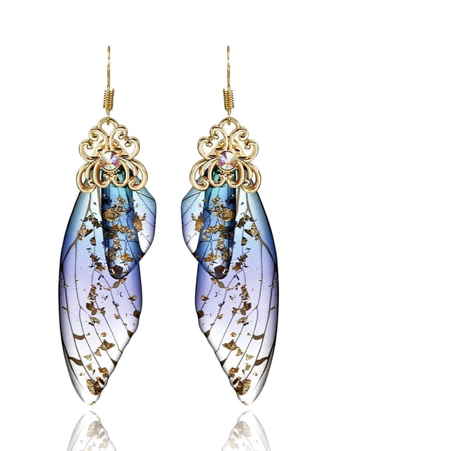 Butterfly Wing Drop Dangle Earrings Gold Plated Crystal Rhinestone for Women Girls Wedding Jewelry, Blue Gold Leaf
