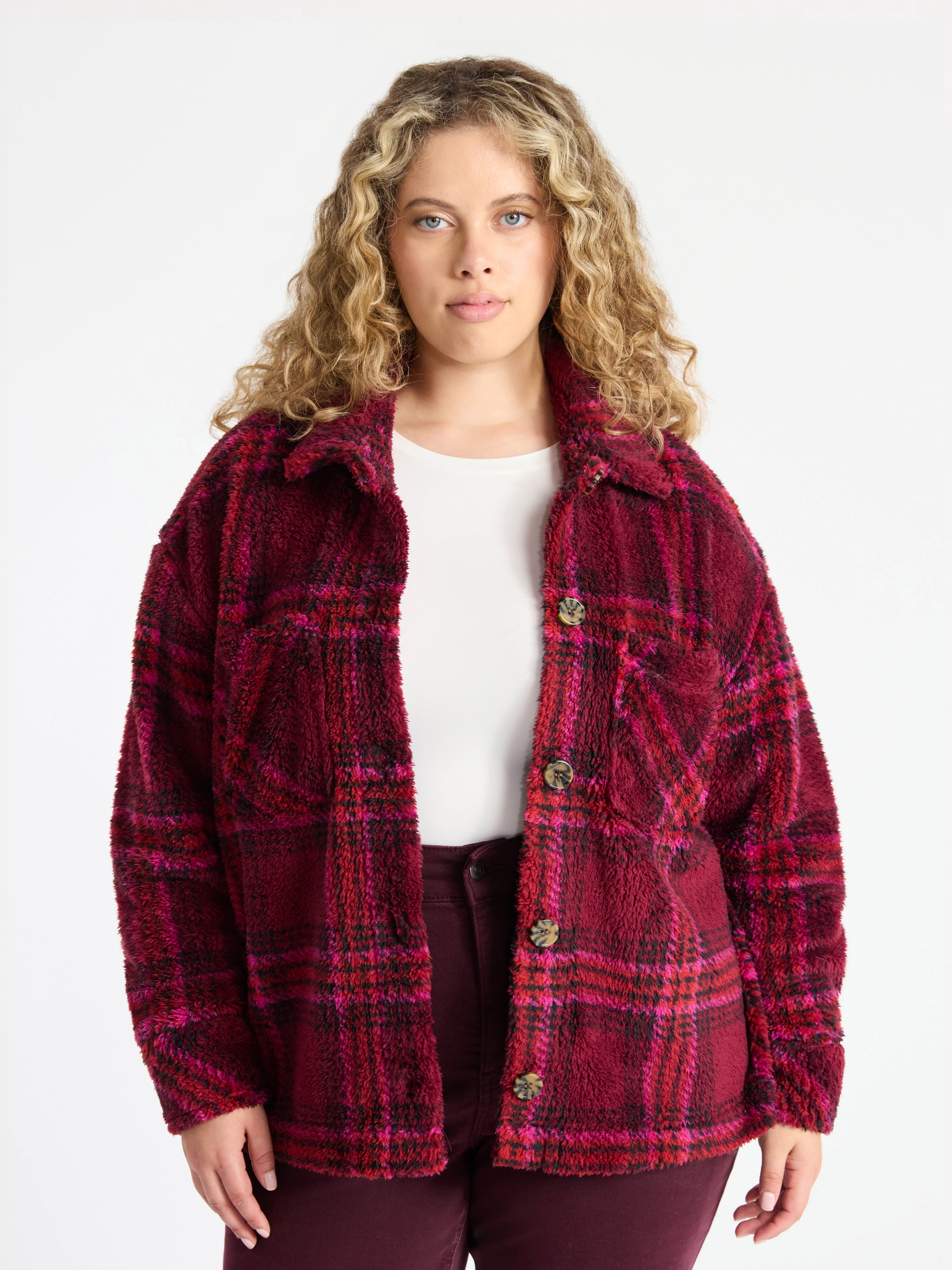 Terra & Sky Women's Plus Size Cozy Button Front Shacket with Long Sleeves, Sizes 0X-5X