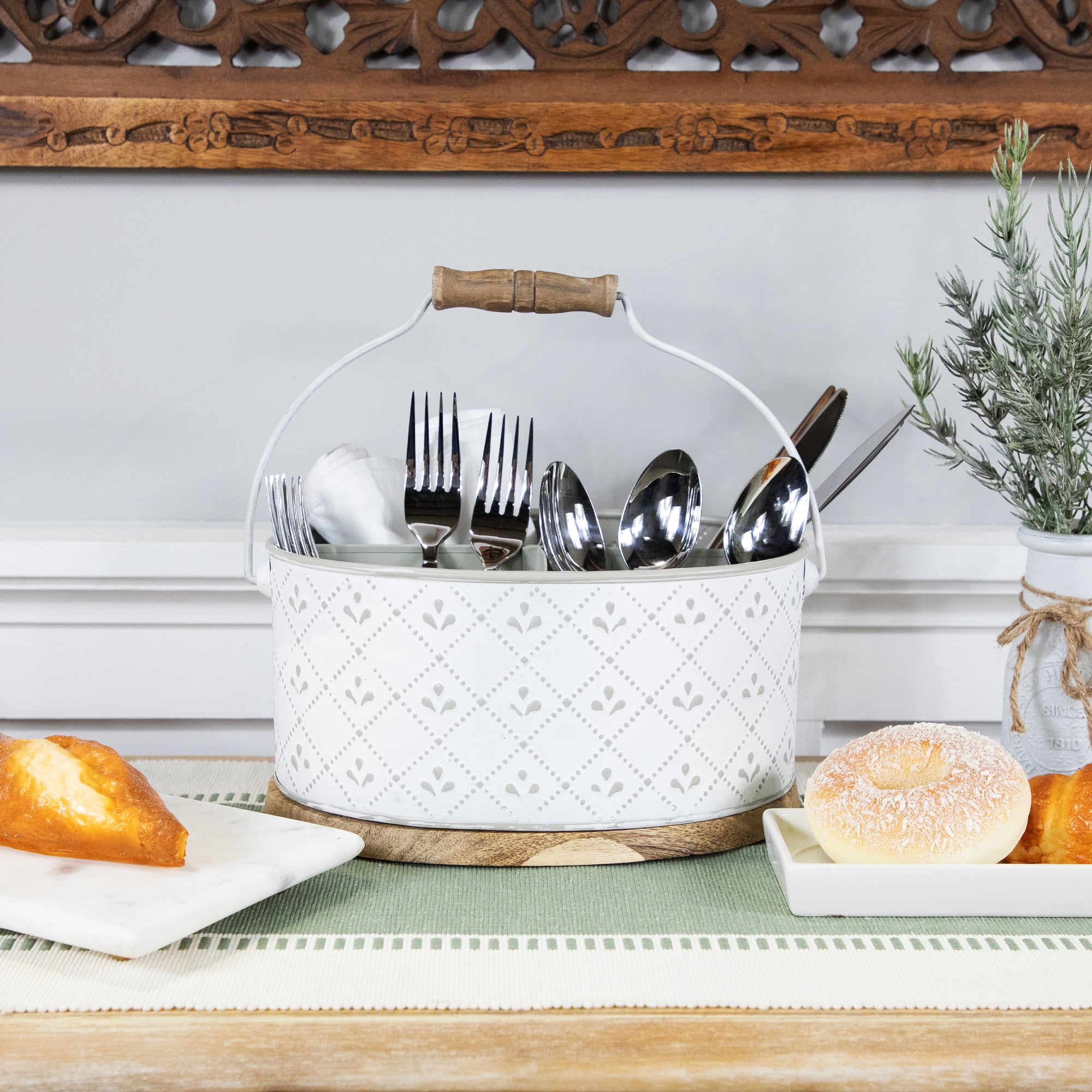 Northlight 10" White Oval Embossed Utensil Caddy with Handle and Wood Base