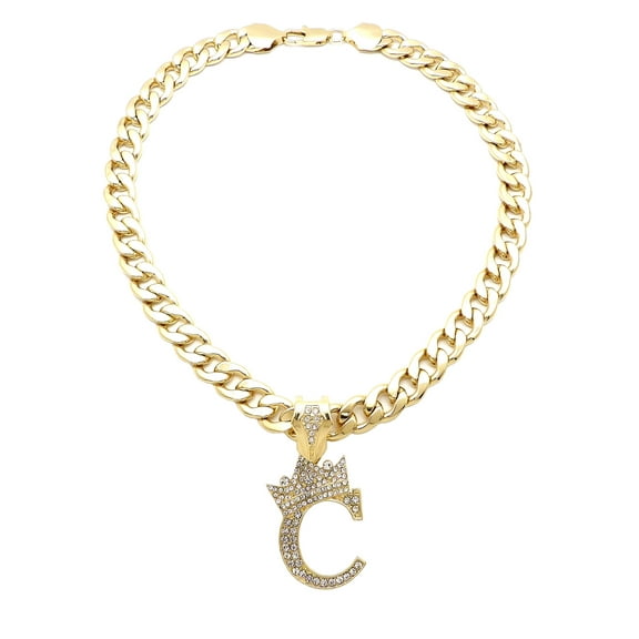iJewelry2 Kings and Queens Crowned Initial Letter C Crystals Pendant Gold-tone Cuban Linked Chain Necklace