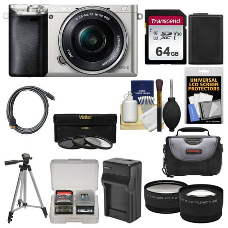 Sony Alpha A6000 Wi-Fi Digital Camera + 16-50mm Lens (Silver) with 64GB Card + Case + Battery/Charger + Tripod + Tele/Wide Lens (Best Wide Angle Point And Shoot Camera)
