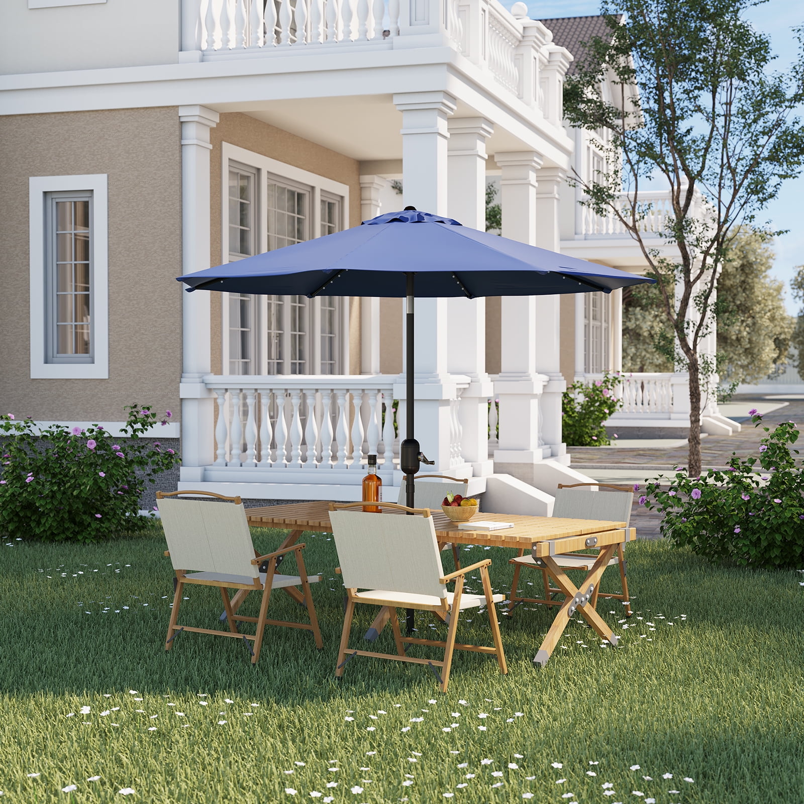 10 Ft Patio Umbrella With Solar Lights, 8 Sturdy Ribs, Table Umbrella with Push Button Tilt and Crank, UV Protection Waterproof, for Garden, Backyard, Poolside