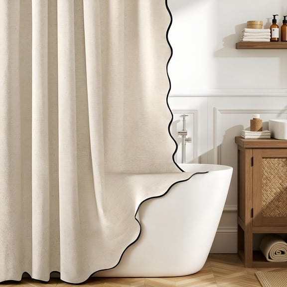AUQ 84"Long Scalloped Linen Shower Curtain with 12 Metal Hooks Cute Extra Long Boho Heavy Duty Washable Waterproof Thick Cloth Curtains with Black Border for Bathroom Hotel Bathtub,Beige