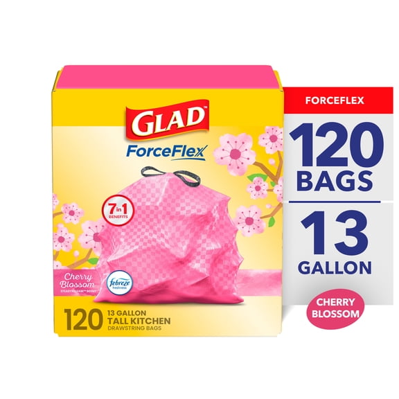Glad ForceFlex 13-Gallon Drawstring Kitchen Trash Bags, Cherry Blossom Scent, 120 Bags