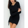 thumbnail image 2 of ZAXARRA Women Ribbed Knit Dress Solid Color Long Sleeve Drawstring Bodycon Party Mini Dress for Beach Cocktail Club Streetwear, 2 of 6