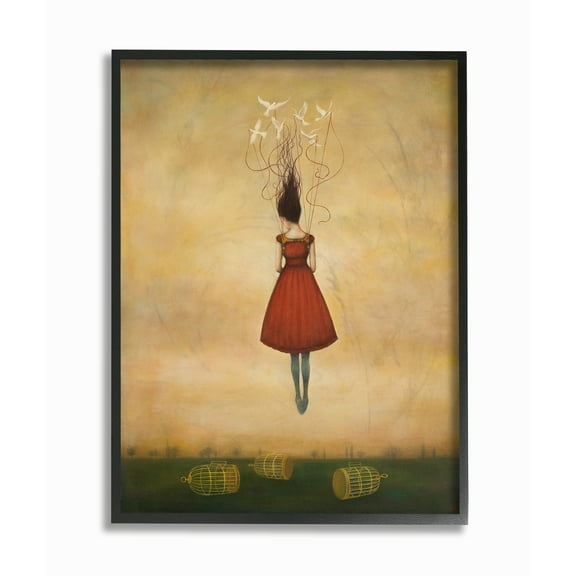 The Stupell Home Decor Beauty and Birds in Her Hair Woman in Red Dress Flying Away Framed Texturized Art