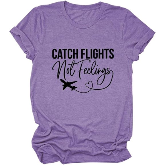 WEIWEN Catch Flights Not Feelings T Shirts for Women 2026 Trendy Funny Traveler Airplane Mode Graphic Tees Vacation Travel Tshirts Womens Summer Tops Purple, S