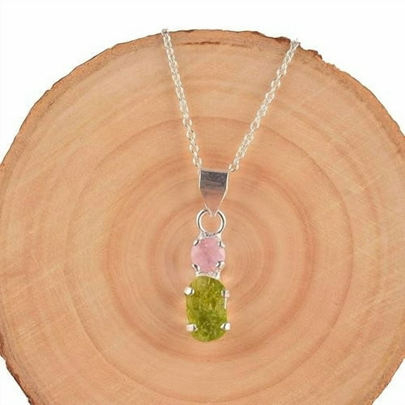 GEMSLOGY Natural Real Peridot & Morganite Crystals Bezel Pendant Necklace, Birthstone, Multi Gemstone Pendant, Healing Birthday, Gift Jewelry, (peridot-morganite)