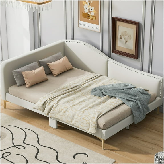 JERFIT Full Size Upholstered Daybed with Trundle Option, Modern Linen Fabric Sofa Bed for Guest Room, Beige