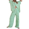 thumbnail image 2 of VISgogo, traje de 2 uds con pantalones para mujer, blusa con solapa abotonada de manga corta estampada, pantalones largos sueltos con cintura de tirantes, ropa informal de verano para mujer VISgogo  moda, 2 of 9