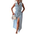 thumbnail image 2 of Joernso Women Denim Shirt Dress Summer Sleeveless Button Down Maxi Dress with Belt Lapel V Neck Long Jean Dress with Pockets, 2 of 8