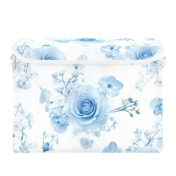 Babysbreath and Blue Roses Foldable Storage Bin with Lid and Handle Collapsible Storage Box 16.5 x 12.6 x 11.8 inches