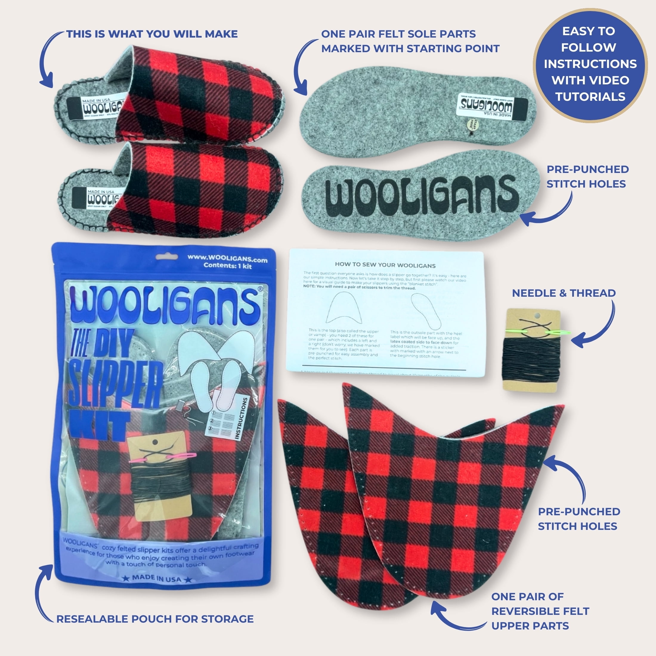 WOOLIGANS DIY Slipper Sewing Kit, Hand Stitch Felt Slipper Craft Kit, Beginner Needlecraft for Adults & Teens, Buffalo Check, Women’s US Size 5/6