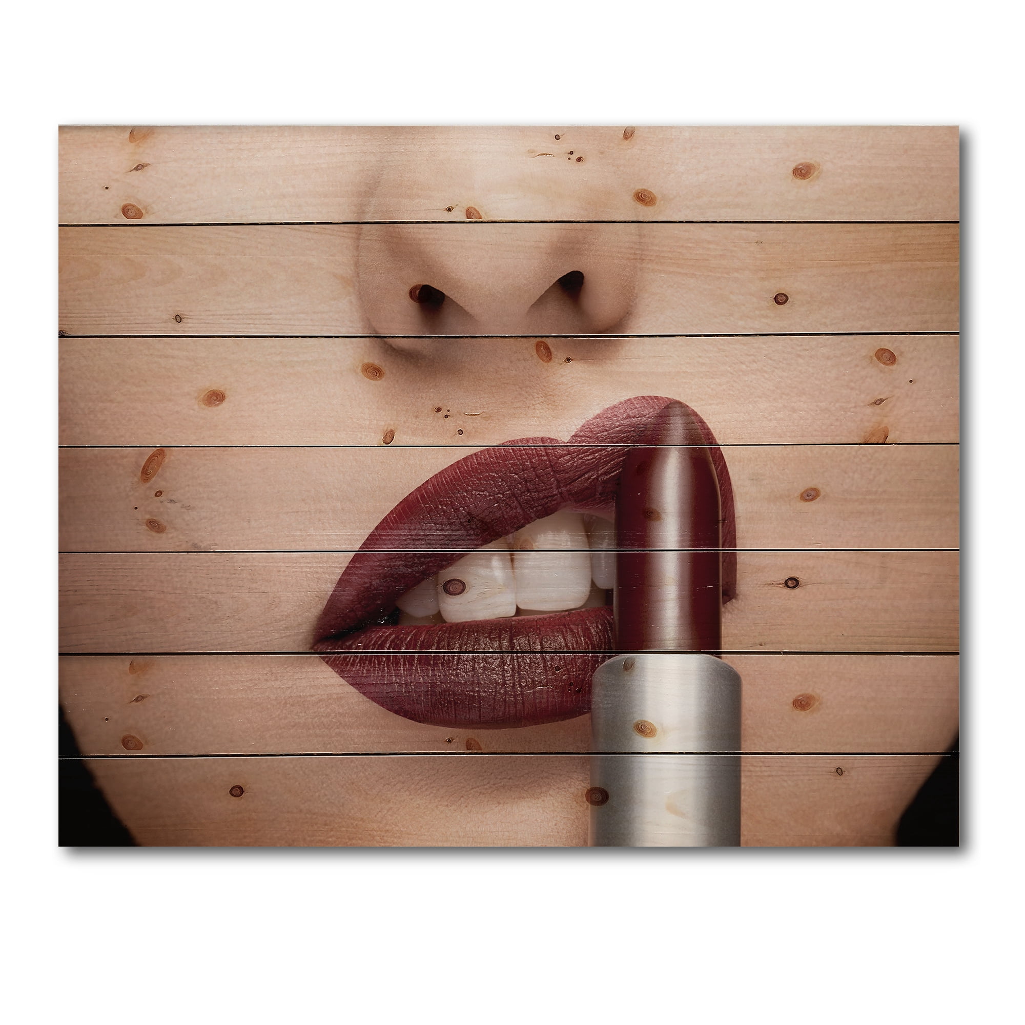 Designart 'Woman Applying Red Lipstick On Lips II' Modern Print on Natural Pine Wood