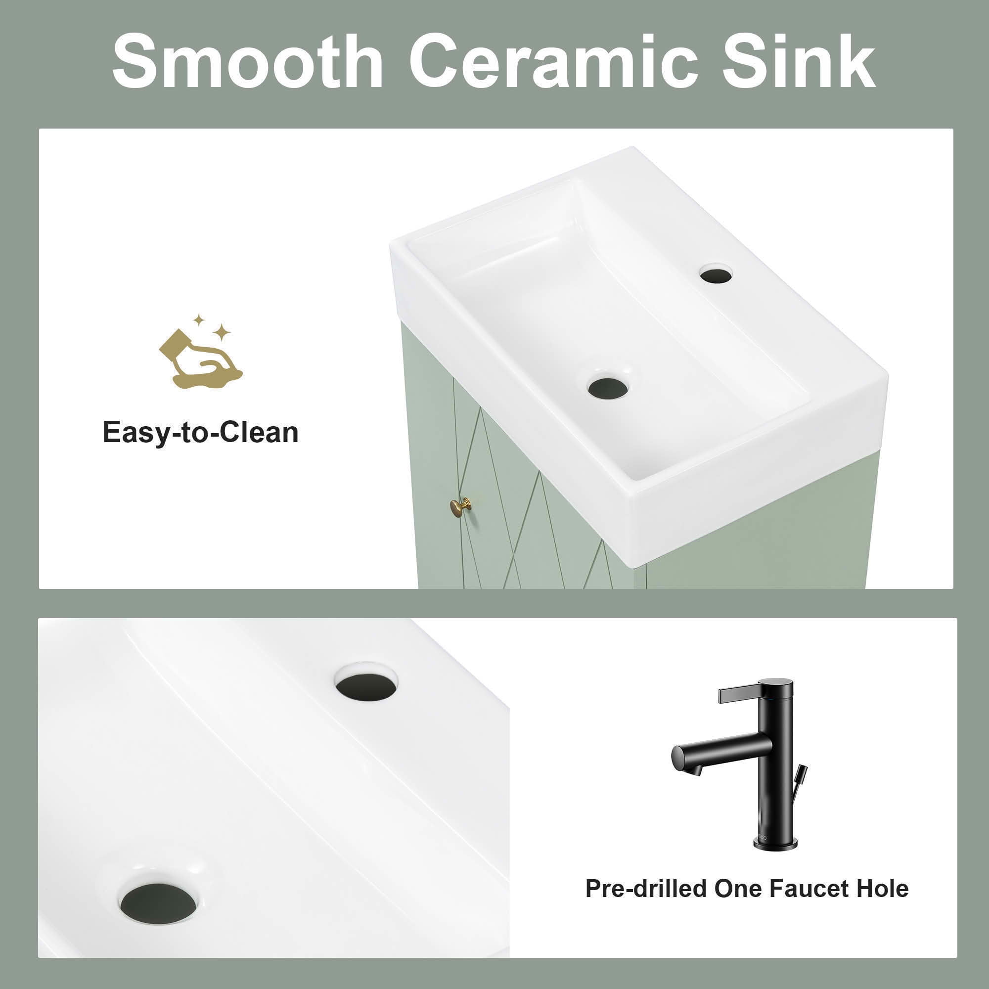 MAYEERTY 20" Bathroom Vanity Ceramic Sink Diamond Door Gold Handle Side Shelves Towel Bar MDF