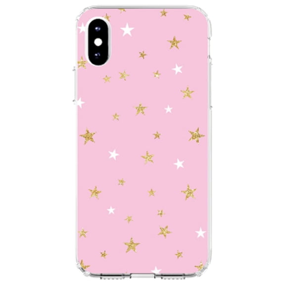 DistinctInk Clear Shockproof Hybrid Case for iPhone XR (6.1" Screen) - TPU Bumper, Acrylic Back, Tempered Glass Screen Protector - Pink & Gold Print - Stars Pattern