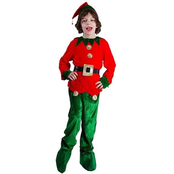 DHFJKG Boys Christmas Elf Dress Up Outfits 4 Piece Sets Long Sleeve Top Bottoms With Hat Shoes For Festive Xmas Party Stage Celebrations Comfort Outfit