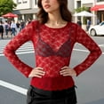 thumbnail image 2 of JGGSPWM Womens Mesh Long Sleeve Tops Lace Sexy Sheer See Through Crew Neck Tight Shirts Causal Blouse Party Club Outfits Red S, 2 of 9