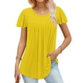 thumbnail image 3 of Fanxing Women's Button Up V Neck Shirts Trendy Pleated Tunic Blouses Solid Short Seeve Tees Summer Tops Yellow,XL, 3 of 6