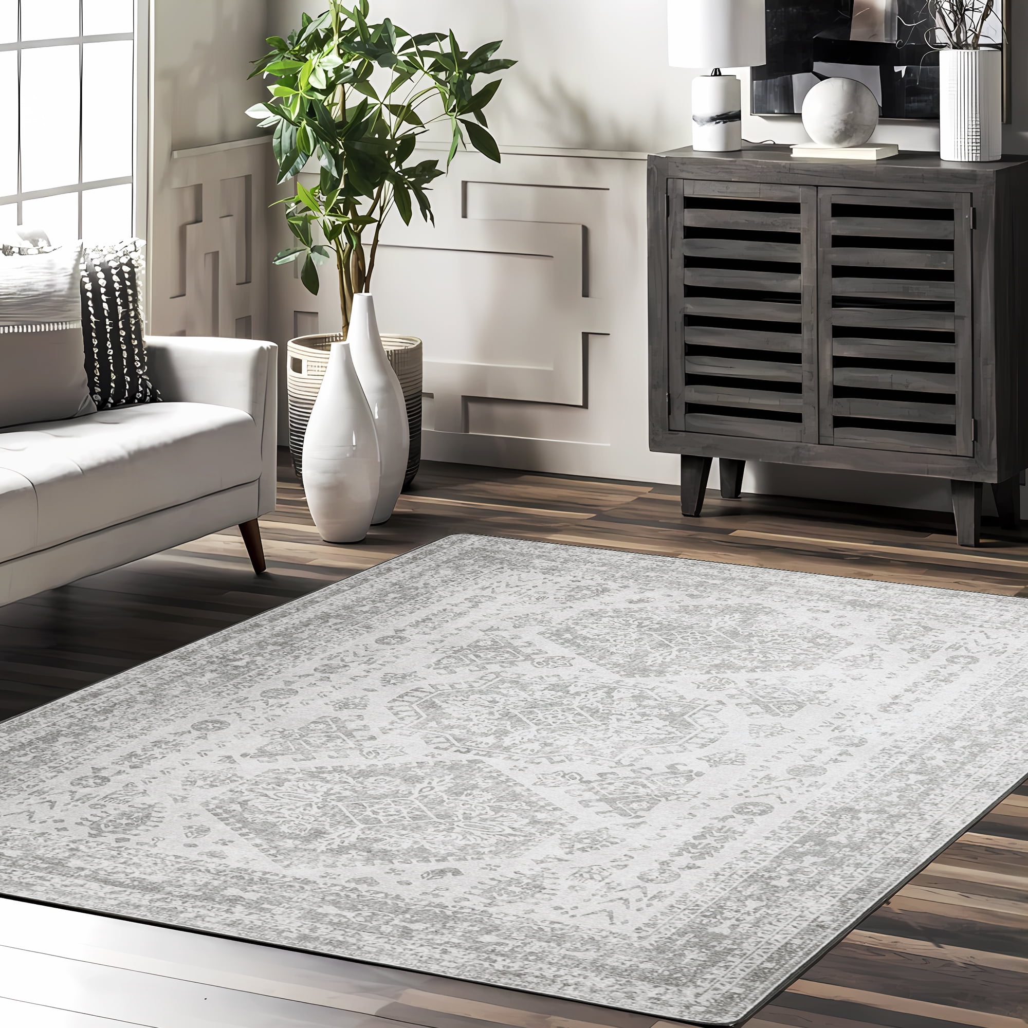 KUETH Area Rugs for Living Room 8x10 Machine Washable Bedroom Rugs Distressed Vintage Print Gray Large Throw Rug Dining Room Aesthetic, Non Slip Carpet with Gripper