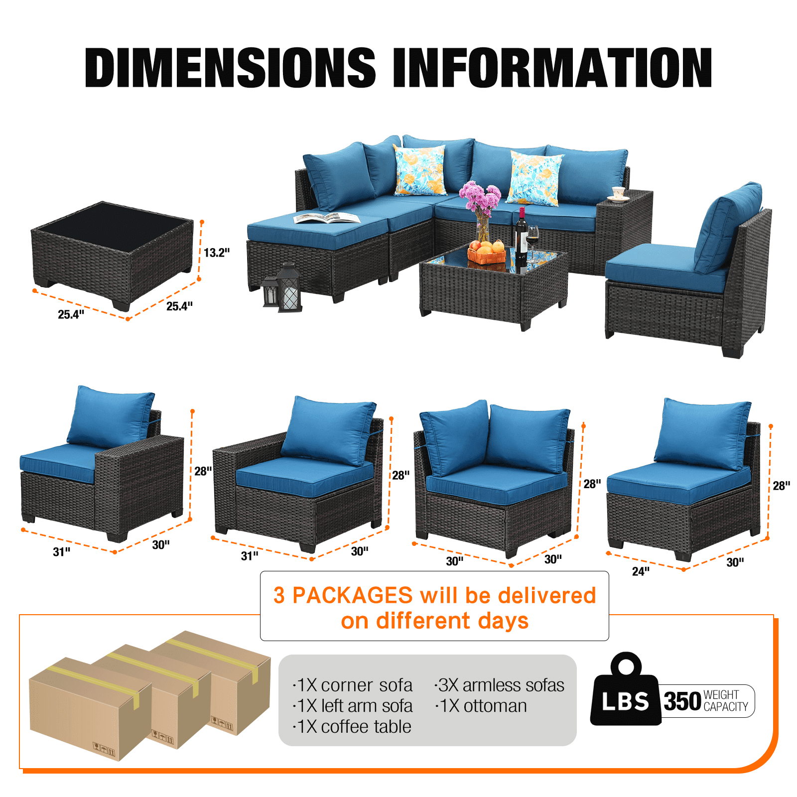 JOYURE 7 Pieces Patio Furniture set All-Weather Outdoor Wicker Sectional Conversation Sofa Rattan patio seating sofa with cushion and Glass Table and Ottoman for Porch Poolside,Peacock