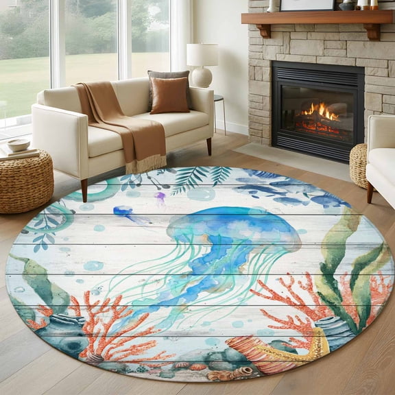 Round Area Rug 6 Ft, Jellyfish Coastal Washable Non-Slip Circle Carpet for Living Room/Bedroom, Summer Nautical Starfish Coral Grey Wooden Low-Profile Indoor Mats Collection Rugs for Residential