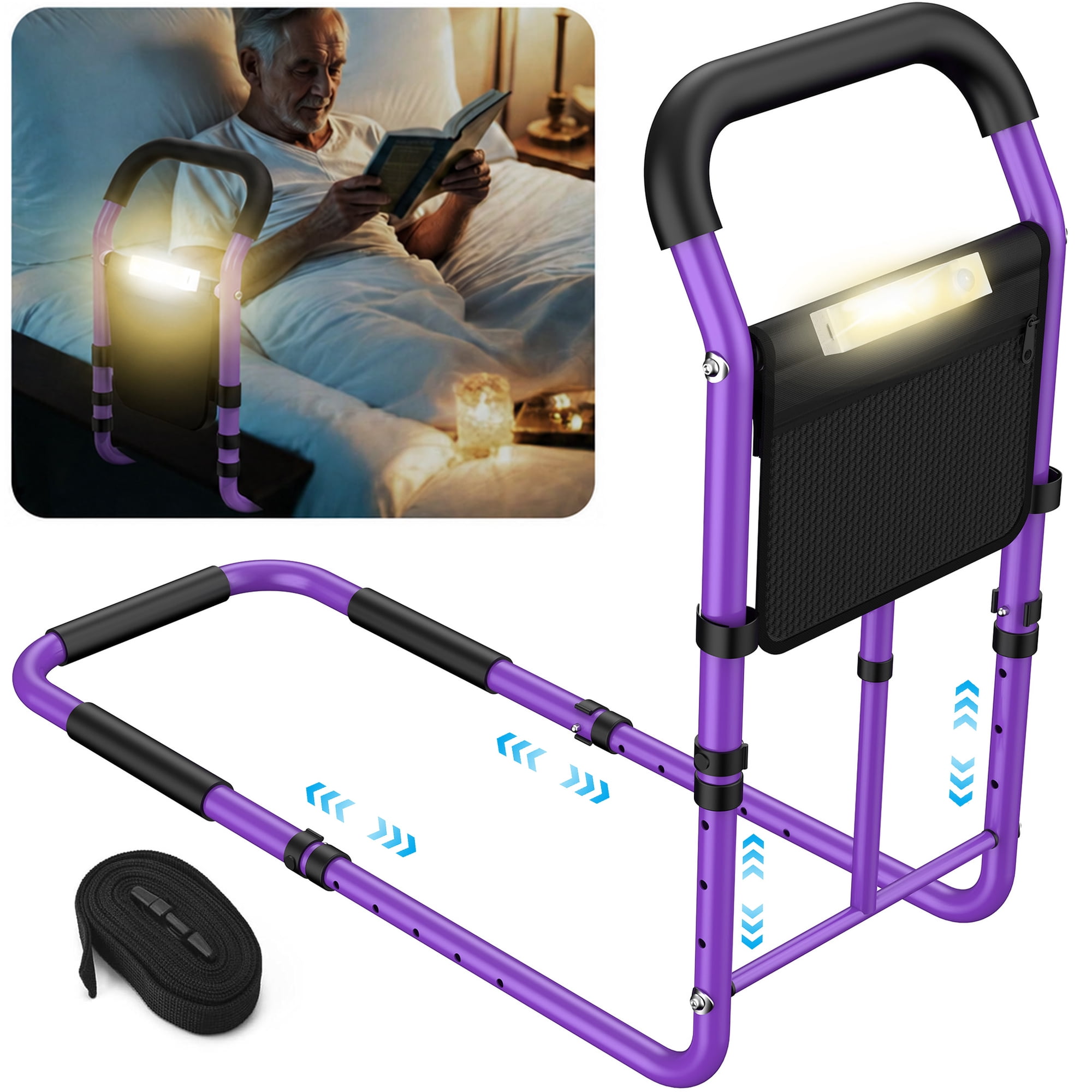 KEKOY Bed Rails for Elderly Adults, Beds Rail for Senior with Light & Storage Bag, Adjustable Safety Bedside Railing Support Steel Bar Mobility Assistant