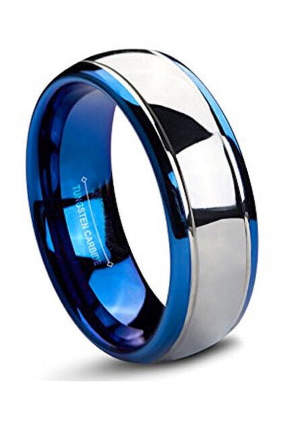 Wedding Rings Men. 8mm Domed Polished Blue & Silver Tungsten Wedding Band