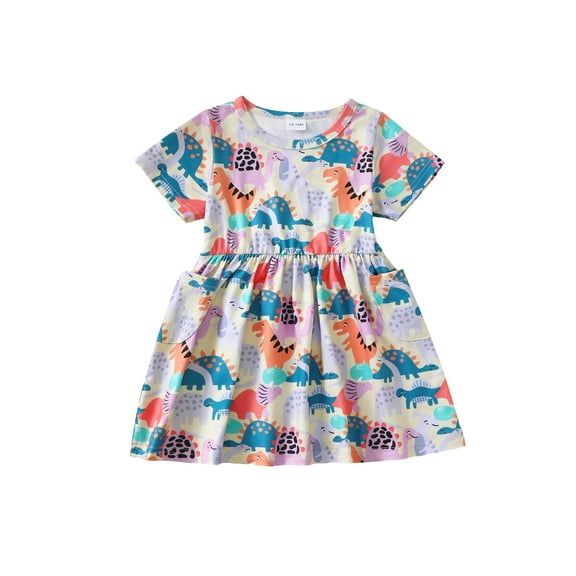 KIMI BEAR 4T Toddler Girls Dress 5T Summer Clothes Short Sleeves Dinosaur A-line Dress Casual Clothing One-piece Overalls Multicolor 4-5 Years