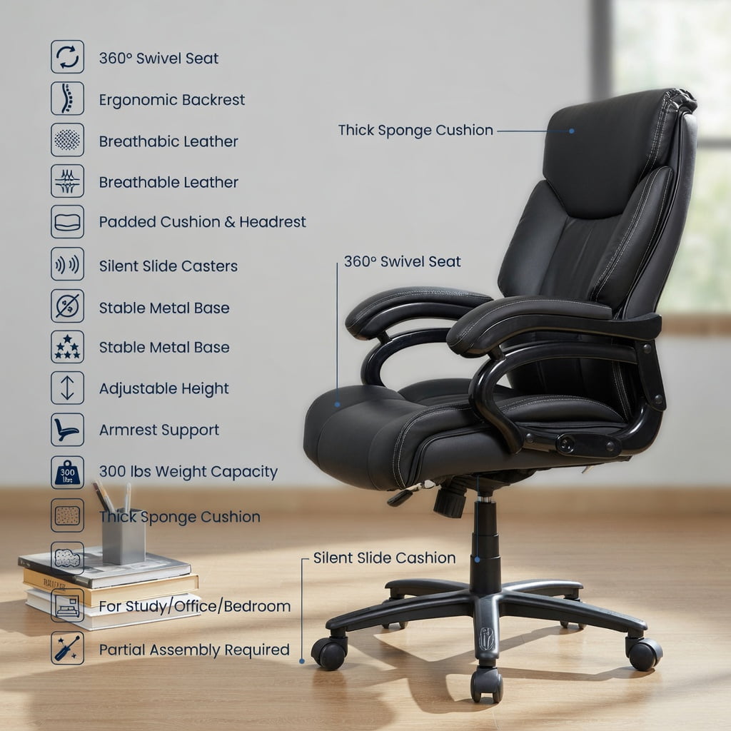 Spaco Big & Tall 400lb PU Leather Massage Office Chair-Black, Home Office Computer Desk Chair, Ergonomic Office Chair for Bedroom,Study